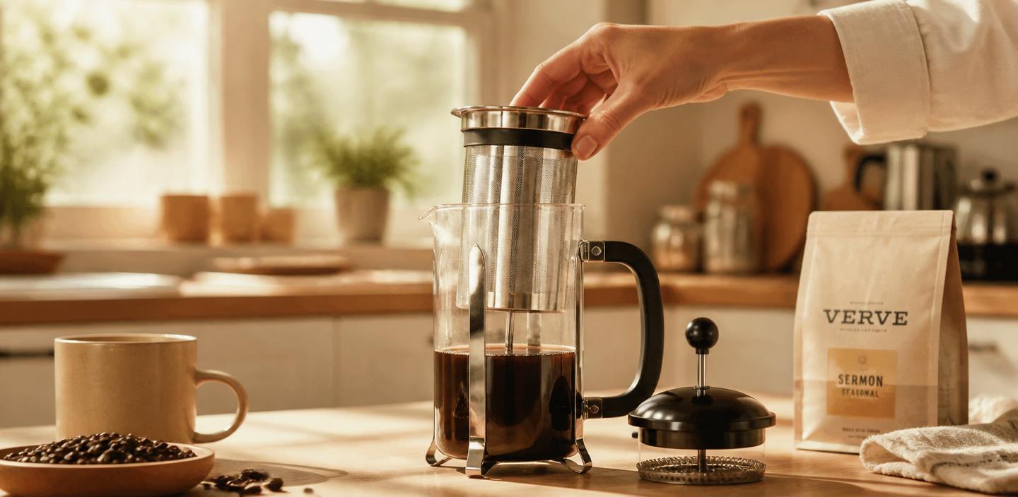 A stainless steel Compatify filter being inserted into a French press on a warm sunlit kitchen counter